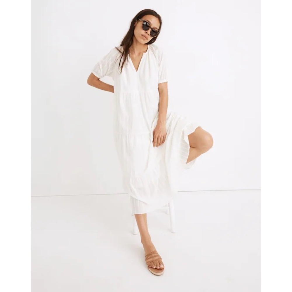 Madewell Midi Dress Tiered Dobby Stripe XS White Lighthouse Coastal Boho Resort
